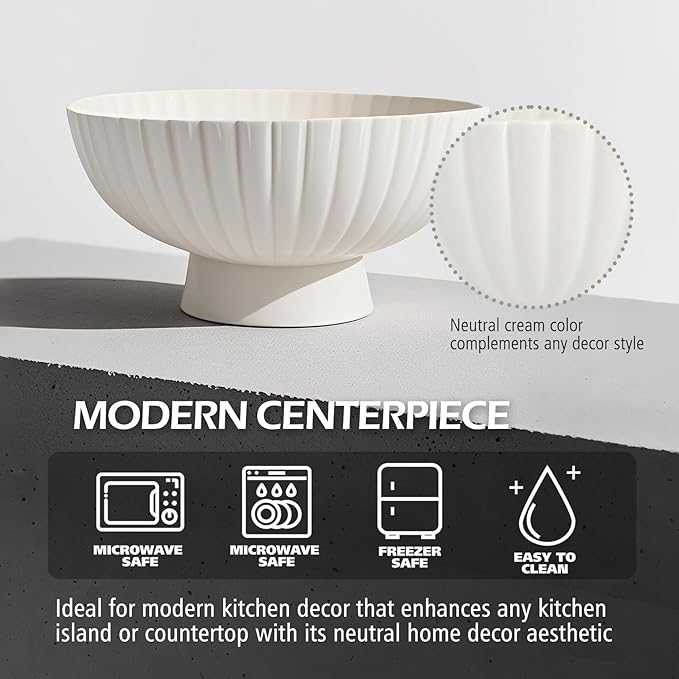 White Ceramic Fluted Decorative Bowl - 8 inch Fruit Footed Bowl for Kitchen Counter, Modern Key Pedestal Ruffle Bowl for Entryway Table & Home Organization-Fits Bread, Fruits, Salad or Popcorn