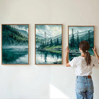 Tinonedraw Large Nature Forest Framed Canvas Wall Art Set, Boho Mountains Calming Lake Wall Decor, Green Pine Trees Artwork, Northern Wilderness Art Painting for Living Room Bedroom Office 16"x24"x3