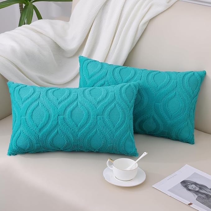 decorUhome Fall Throw Pillow Covers 12x20 Inch Set of 2, Soft Plush Decorative Faux Fur Turquoise Solid Couch Pillow Covers, Accent Farmhouse Neutral Lumbar Euro Pillow Cases for Sofa Bed Living Room
