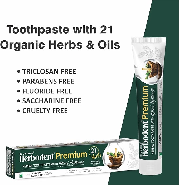 Herbodent® Premium Toothpaste - 5.82 Oz Pack of 2 | 21 Herbs for Strong Teeth & Healthy Gums- Neem, Clove, Cinnamon, Cardamom with Natural Mouthwash-No Paraben, No Fluoride, No Saccharin, No Triclosan