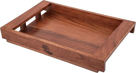 Acacia Wood Serving Tray with Handles – 15x10x2 Inch Decorative Tray for Breakfast in Bed, Dinner, Appetizers, Coffee Table, BBQ, Patio & Party – Perfect for Lap & Couch Use