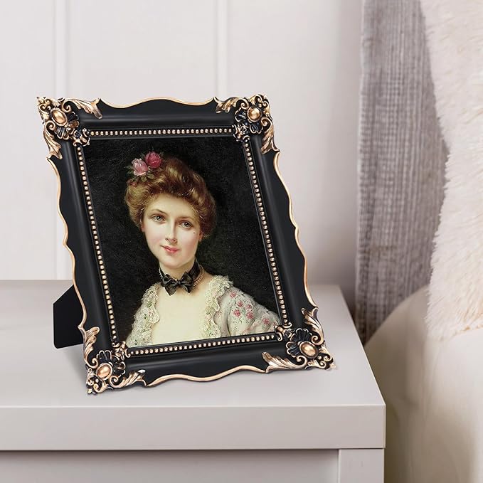 8x10 Vintage Picture Frame with Embossed Flower Design, Black Ornate Frame for 8x10 or 5x7 Pictures with White Mat, Hand-Crafted Resin Antique Frames for Tabletop & Wall Hanging, Home Decor (Black)