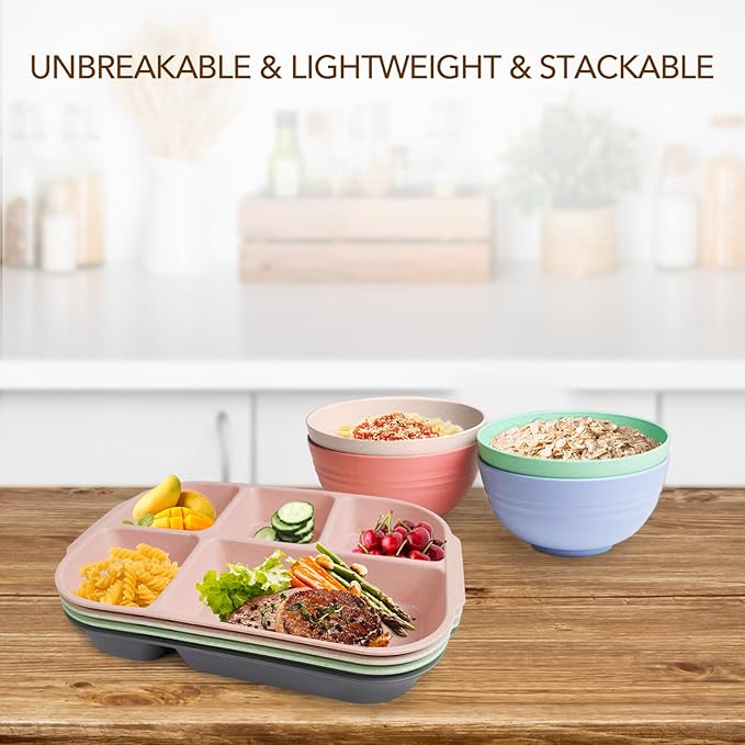greenandlife 10.8 Inch 4PCS Divided Plates for Kids Adults, Portion Control Plates, Dishwasher & Microwave Safe Compartment Plate, Unbreakable Lightweight Reusable Wheat Straw Plates, INS