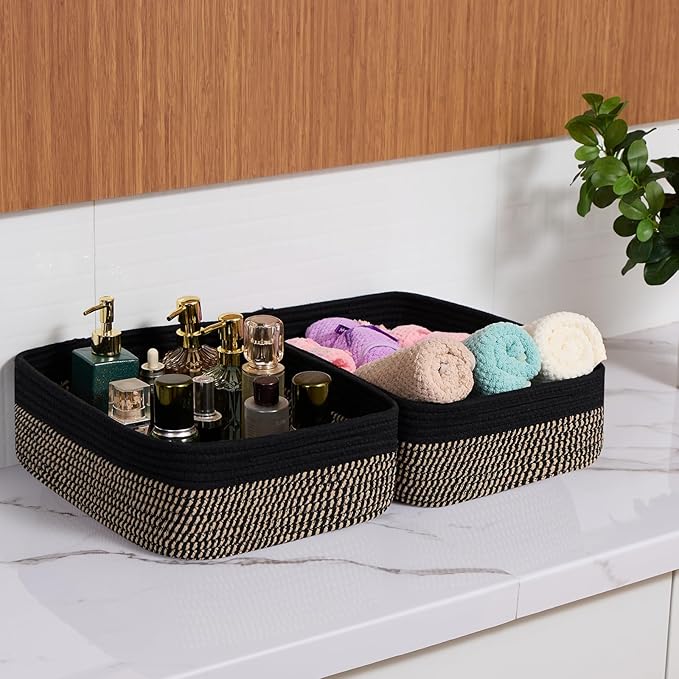 Large Shallow Organizing Baskets 15x11x5.1 Inches - Rope Woven Storage Bins for Bathroom, Shelves, Cube Closet, Black Woven Brown 2 Packs