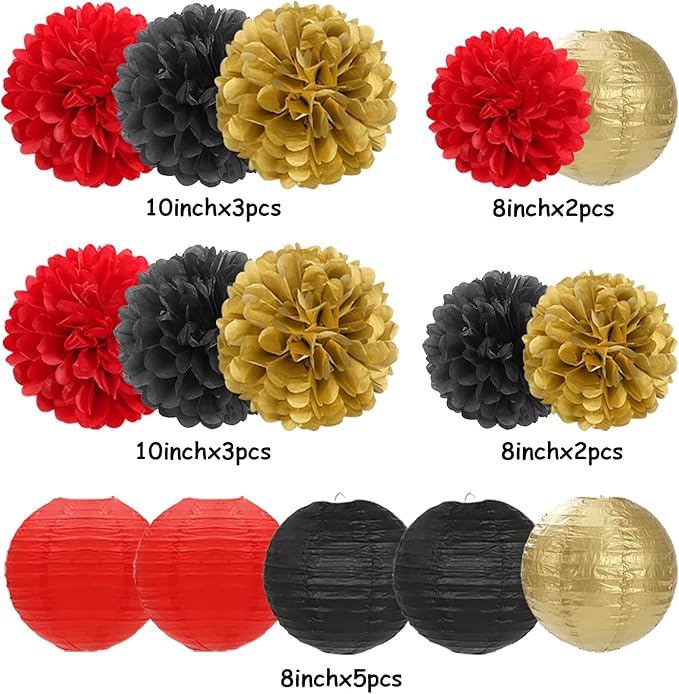Red-Black Gold Party-Decorations Paper Flowers Lanterns - 15PCS Casino Theme Halloween Tissue Pom Poms Streamers,Game Night Women Men Birthday Wedding Bachelorette Hanging Supplies Decor Hugfond