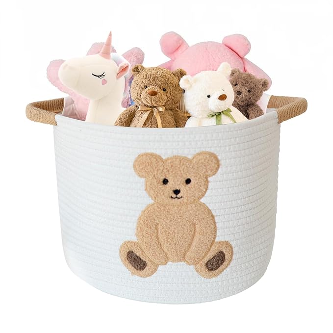 INough Cotton Rope Basket Toy Storage Baskets for kids Laundry Hamper, Gift Basket Empty Baby Shower Baskets with Handles, Cute Bins Blanket Stuffed Animal Storage for Nursery, Living Room Decor, Bear