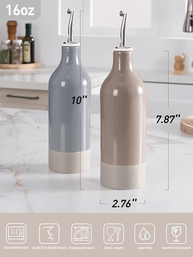 famiware Milkyway 16oz Ceramic Olive Oil Dispenser Bottle, Olive Oil and Vinegar Dispenser Bottle Set of 2 with Stainless Steel Pourers, Suitable for Storage Liquids, Dark Gray and Cinnamon Brown