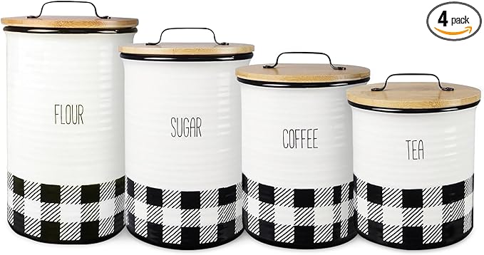 Young's Inc. 4 Pcs Set Plaid with Bamboo Lids Ceramic Canisters- Storage Container for Kitchen and Bathroom - Beautiful Home Decor Accent to Store Food, Coffee, Tea, and More - Black, White