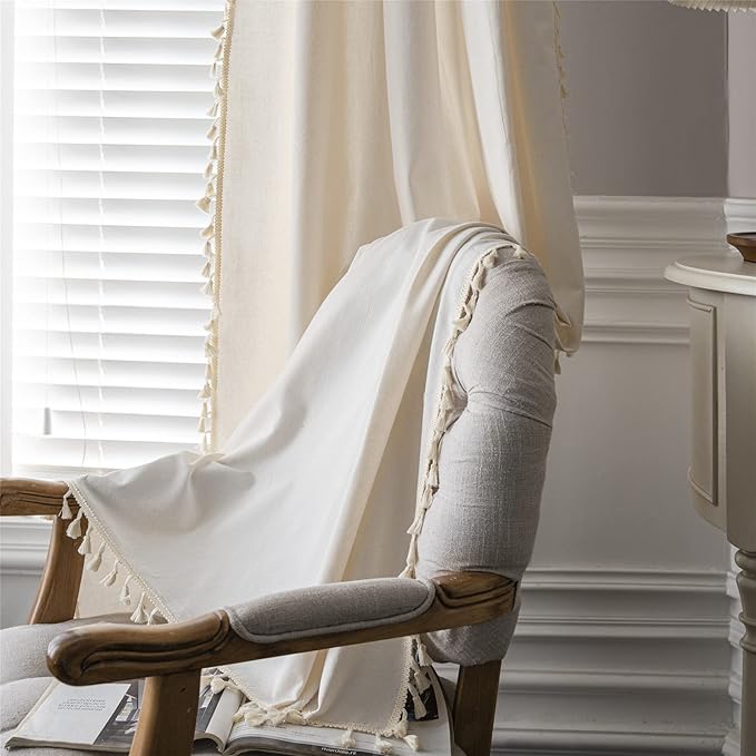Sutuo Home Boho Curtain with Handmade Tassels, Rod Pocket Window Treatment Vintage Rustic Bohemian French Farmhouse Semi-Blackout Solid Drape for Bedroom, 1 Panel 59" W x 84" L,Cream White