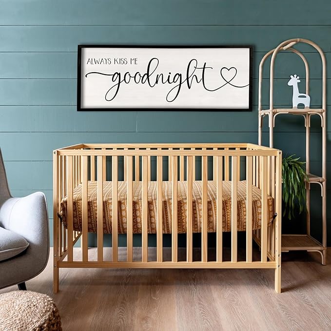 flowtorely Always Kiss Me Goodnight Wall Sign For Master Bedroom Above Bed Wall Decor 40''×15'' Large Rustic Solid Wood Frame For Farmhouse Couples Above bed Wall Art Decoration (Black)