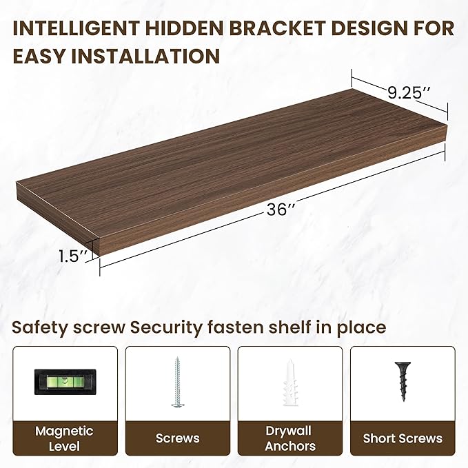 36 Inch Floating Shelves, 12 Inch Deep Floating Shelves for Wall, Floating Shelf with Invisible Brackets, Deep Shelves for Bathroom, Bedroom, Living Room, 2 Pack, Walnut