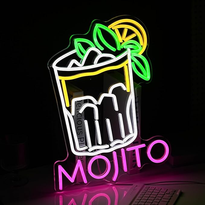 Mojito Neon Sign Mojito Cocktail Neon Light for Wall Decor Dimmable LED USB Powered Mojito Light Up Sign for Bar Club Party Home Bar Man Cave Living Room （16.7 * 12.8In）