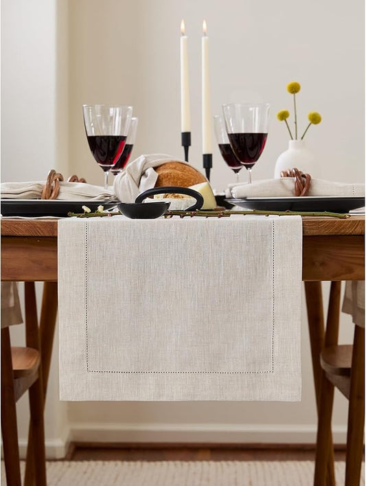 Solino Home Linen Light Natural Table Runner 132 Inches Long - 100% Pure Linen Extra Long Table Runner 14 x 132 Inch for Fall, Autumn, Thanksgiving - Classic Hemstitch