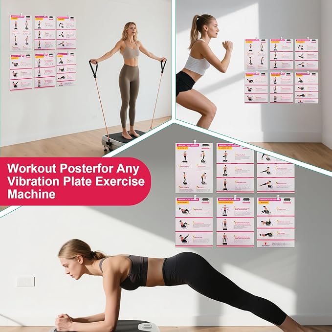 Vibration Plate Exercise Machine Poster - Upgraded 6 Workout Guidance & 10 Pcs Planner & 10 Pcs Double-Sided Clips, Comprehensive Whole Body Wave Vibrating Workout Chart, Pink