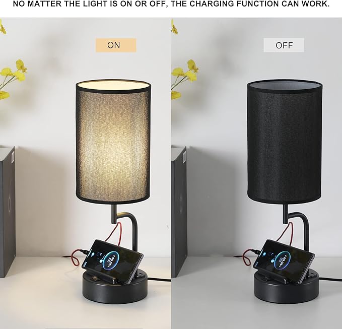 Dreamholder Table Lamp with 3 USB Charging Ports, Modern Desk Lamp with AC Outlet and Phone Stands, Perfect Bedside Lamp for Bedroom, Living Room, Office (Pack of 2), Black