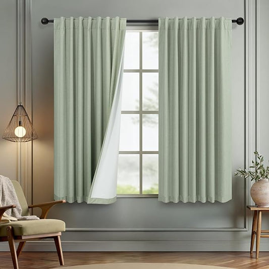 Small Short Blackout Curtains 54 Inch Length for Bedroom 2 Panels Back Tab Pleated Light Sage Green Room Darkening Insulated Thermal Drapes Window Treatment Curtain Panels for Living Room Boho Decor