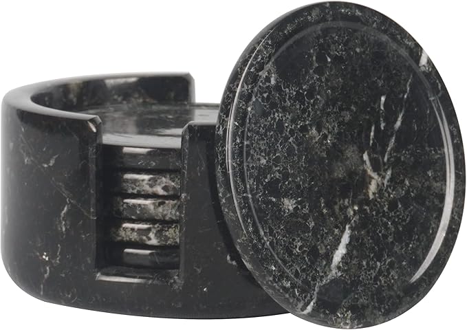 Marble Coasters Set of 6 Black 3.5 Inch Round Coaster for Drinks with Holder, Drink Coaster for Tabletop & Coffee Table Decor, Ideal Home Decor House Warming Gifts
