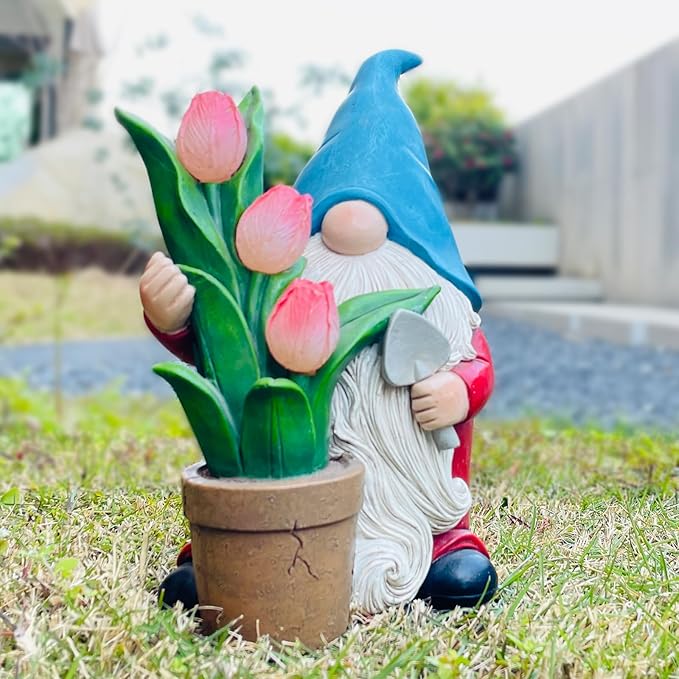COWOS Garden Gnome Statue, Sculpture of a Dwarf Holding a Shovel and a Flower Pot, Solar Gnome Statues Outdoor Decor, Outside Lawn Patio Yard Ornament Gifts