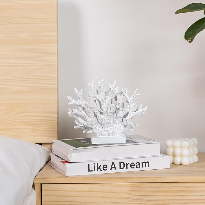 5.8" H White Coral Decor, Resin Coral Statue, Nautical Decorations for Home, Bedroom, Bathroom, Living Room, Beach/Coastal/Ocean Themed Cabinet Shelf Tabletop Decor