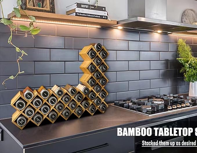 Bamboo Criss Cross Spice Rack Organizer for Cabinet, Wood Seasoning Rack Spice Holder, 18-Jar Spice Rack Tower Spice Storage for Kitchen Countertop Drawer-Jars Not Included