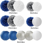 Navy-Blue Silver Party-Decorations Paper-Flowers Lanterns - 15PCS Birthday Royal White Wedding Tissue Pom Poms Streamers,Baby Bridal Shower Bachelorette Graduation Hanging Supplies Decor Hugfond