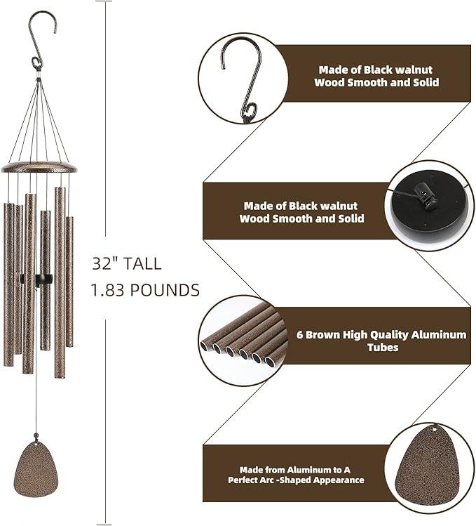 Wind-Chimes-Outdoor-Deep-Tone, Large Soothing Melodic Tones Windchimes, Wind Chimes for Outside, Memorial Wind Chime Best Gift for Mom Women Grandma Neighbors(32" Brown Coated Aluminum)