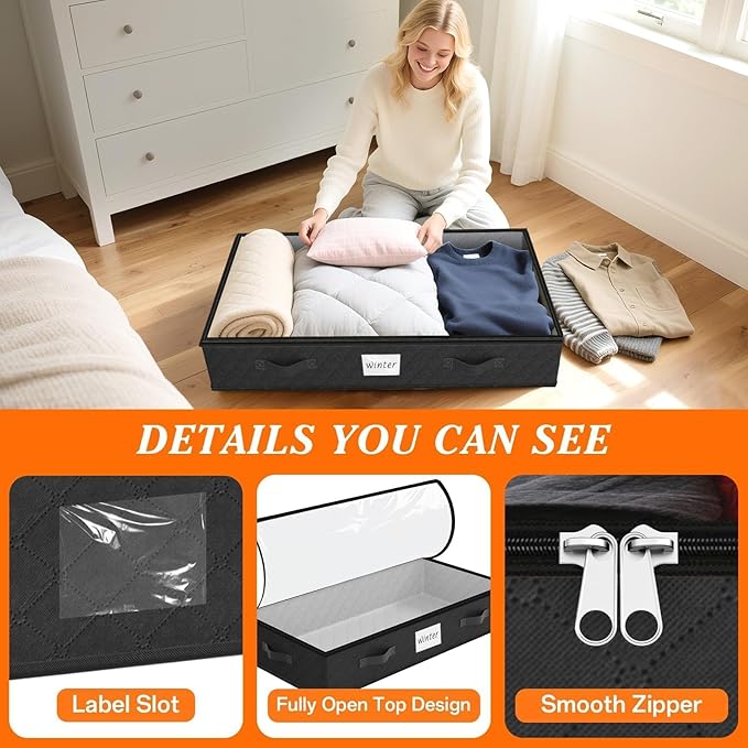 Under Bed Storage Containers 90L 2-Pack Black - 39x20x8 Inch by SpaceWhisper