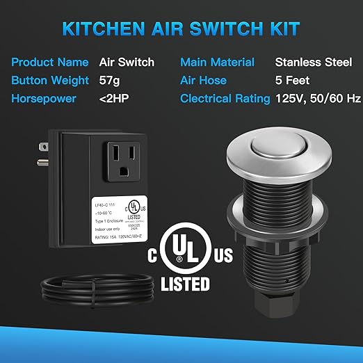 Garbage Disposal Air Switch Kit, UL Certified Professional Garbage Disposal Switch Button Power Module, Sink Top Waste Disposer On/Off Switch