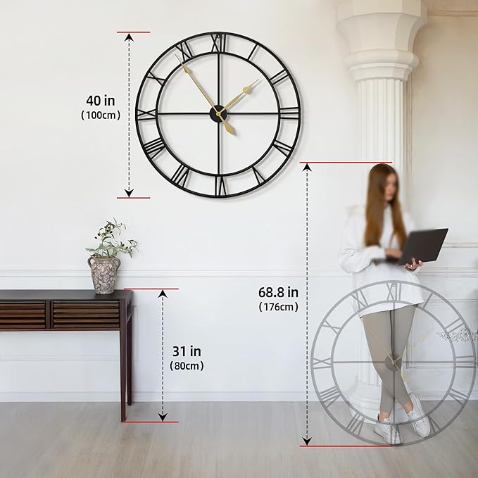 LEIKE 40 Inch Extra Large Modern Wall Clock, Oversize Rustic Round Nearly Silent Battery Operated, Black Metal Roman Numerals Wall Clocks for Living Room, Bedroom, Entrance Home Decor
