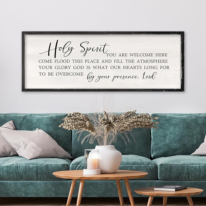 Holy Spirit You are Welcome Here Wall Decor Art 32x12 Inch Large Christian Song Bible Verse Plaque Wood Framed Sign Living Room Scripture Quote Religious For Office Wall Hanging (Black)