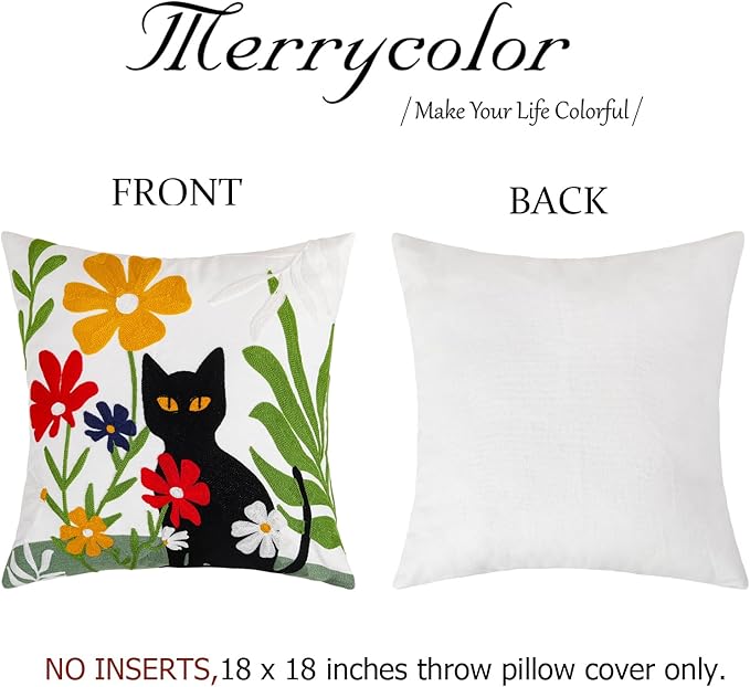 Merrycolor Embroidered Pillow Covers 18x18 Black Cat and Flower Pattern Halloween Decorative Throw Pillow Covers Comfortable Cotton Canvas Square Couch Cushion Cases for Sofa Bed Living Room Decor