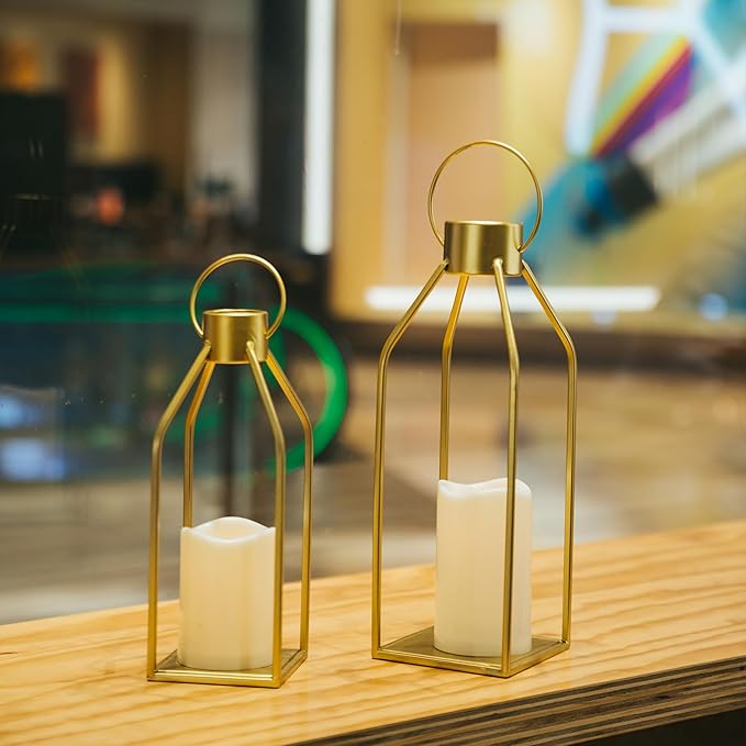 HPC Decor Modern Farmhouse Lantern Decor- Gold Metal Candle Lanterns for Christmas- Lanterns Decorative w/Timer Flickering Candles for Living Room, Home, Indoor, Outdoor, Table,Fireplace Mantle Decor