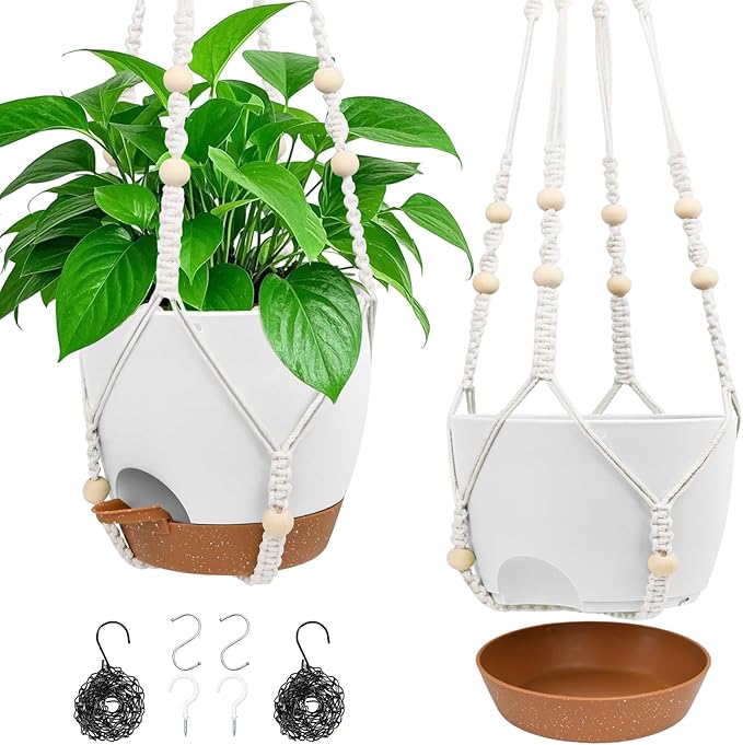 Hanging Planters for Indoor Outdoor Plants, 2 Pack Self Watering Hanging Pot with Drainage Holes, Removable Tray & 2 Kinds of Plant Hangers, 8'' Hanging Flower Pots for Home Garden Decor, White