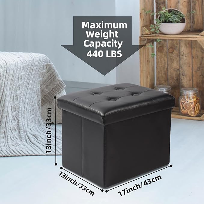 ALASDO Storage Ottoman Footrest Stool Small Ottoman with Storage Foldable Ottoman Leather Foot Rest Footstool Bench for Living Room 17x13x13inches Black