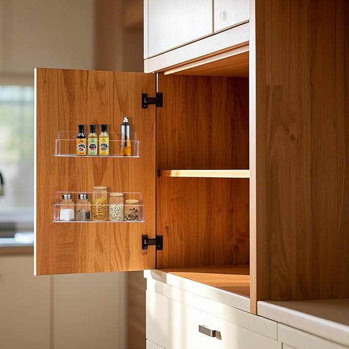 Acrylic Spice Rack Wall Mount-9 Inch, Clear Spice Shelf Storage Holder, 4 Pack Hanging Seasoning Rack Organizer for Cabinet Door, Cupboard or Wall Kitchen (Adhesive or Screw)