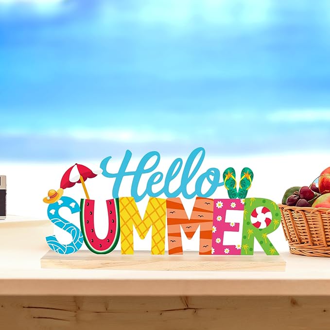 COCHIE Metal Hello Summer Sign, Summer Decorations for Home, Office, Shelf, Mantel, Indoor, Beach Slippers Tabletop Centerpiece Decoration, Watermelon Red Decor (Beach)