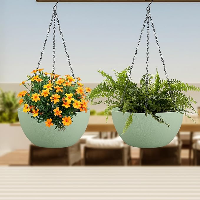 8 inch Small Hanging Planters Plant Pots for Indoor Outdoor Plants, 2 Pack Hanging Flower Pots with Drainage Holes and Chain for Garden Porch, Plastic Hanging Baskets for House Plants, Green