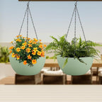 12 inch Large Hanging Planters Plant Pots for Indoor Outdoor Plants, 2 Pack Hanging Flower Pots with Drainage Holes and Chain for Garden Porch, Plastic Hanging Baskets for House Plants, Green