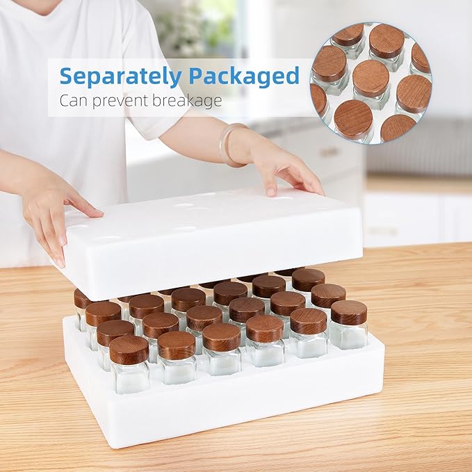 Yangbaga 24Pcs Glass Spice Jars with Labels-4OZ Wood Lid Square Spice Containers with Pepper Grinder Lids &Funnel,Seasoning Jars for Rack Cabinet Drawer