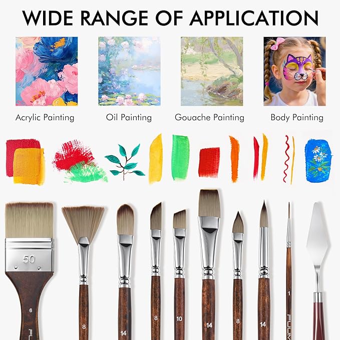25pcs Paint Brush Set, Fuumuui Acrylic Paint Brushes, Professional Artist Series with Wide Flat, Filbert, Fan, Dagger, Cat Tongue, Round, Angle, Rigger for Oil, Acrylic Canvas Paintings, Face Painting