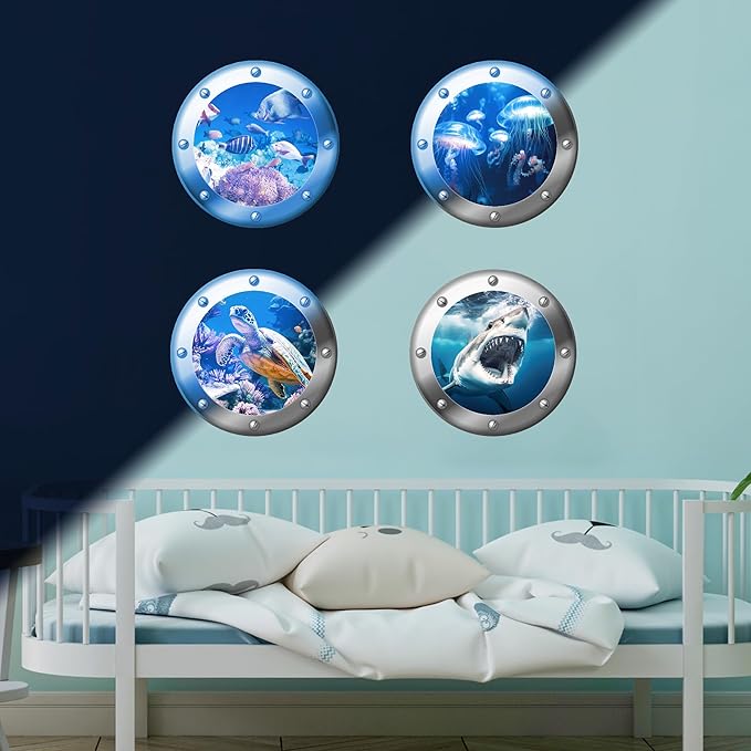 3D Ocean Animals World Wall Stickers Glow in The Dark, 4 Pcs Sharks Turtles Jellyfishs Removable Decals for Kids, Vinyl Stickers for Ceiling (Blue)