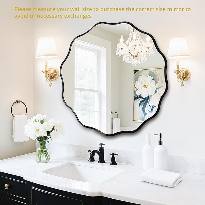 Fabuady Black Round Wavy Edge Mirror - 30'' Circle Wall Mirror with Metal Frame, Decorative Hanging/Leaning Mirror for Bathroom, Bedroom, Living Room, Hallway, Entryway, Office, Home Decor