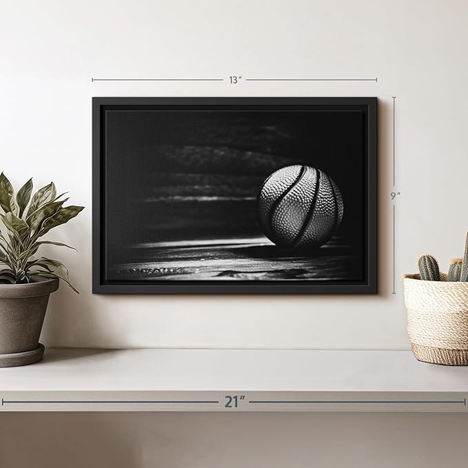 ElephantStock Basketball Wall Art - Horizontal Framed Canvas - 1-Piece Hallway Wall Decor - Photography sports Canvas Print - Black and Gray Decor for Wall - 13" X 9"