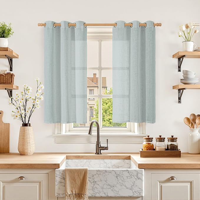 LAMIT Short Linen Curtains 40 Inches Long for Small Window, Bronze Grommet Linen Drapes Light Filtering Sheer Window Curtains for Kitchen, Set of 2 Panels (34 x 40 Inch, Greyish Blue)