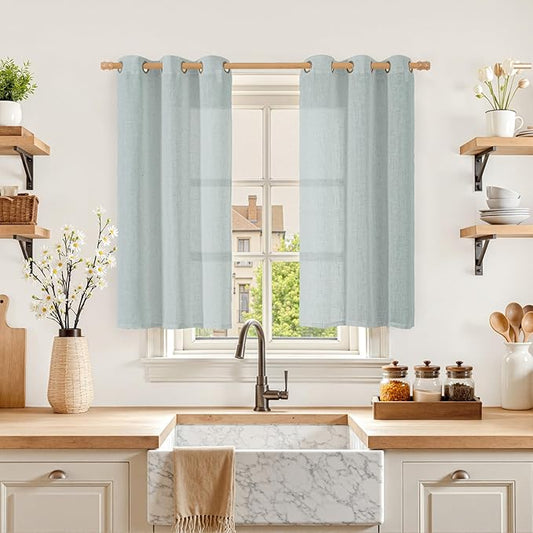 LAMIT Short Linen Curtains 40 Inches Long for Small Window, Bronze Grommet Linen Drapes Light Filtering Sheer Window Curtains for Kitchen, Set of 2 Panels (34 x 40 Inch, Greyish Blue)