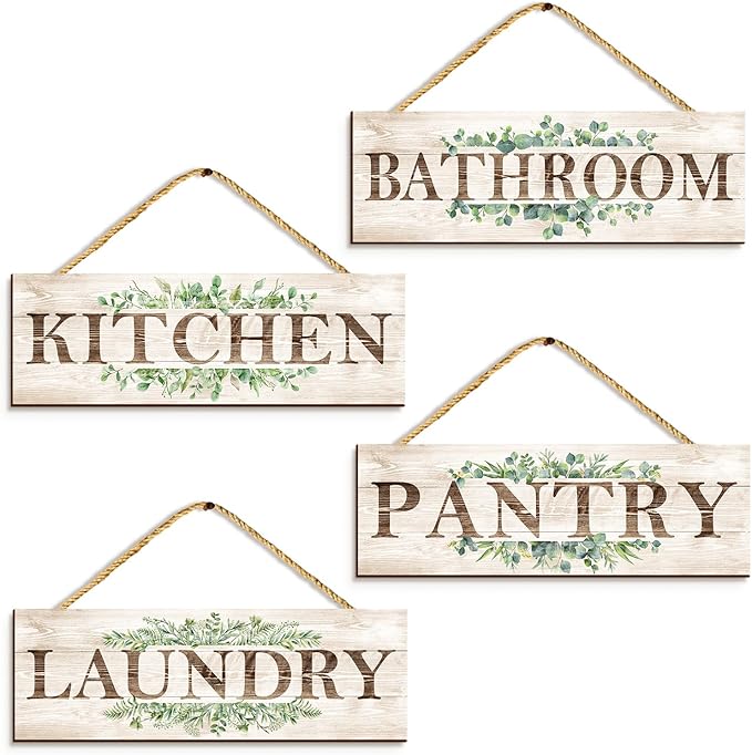 Bathroom Kitchen Laundry Pantry Sign Wall Decor 4 Piece, Wall Art with Plant Print, Rustic Farmhouse Wall Hanging Plaque Home Kitchen Decorative Bathroom, 4.7 x 13.7 inches