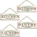 Bathroom Kitchen Laundry Pantry Sign Wall Decor 4 Piece, Wall Art with Plant Print, Rustic Farmhouse Wall Hanging Plaque Home Kitchen Decorative Bathroom, 4.7 x 13.7 inches