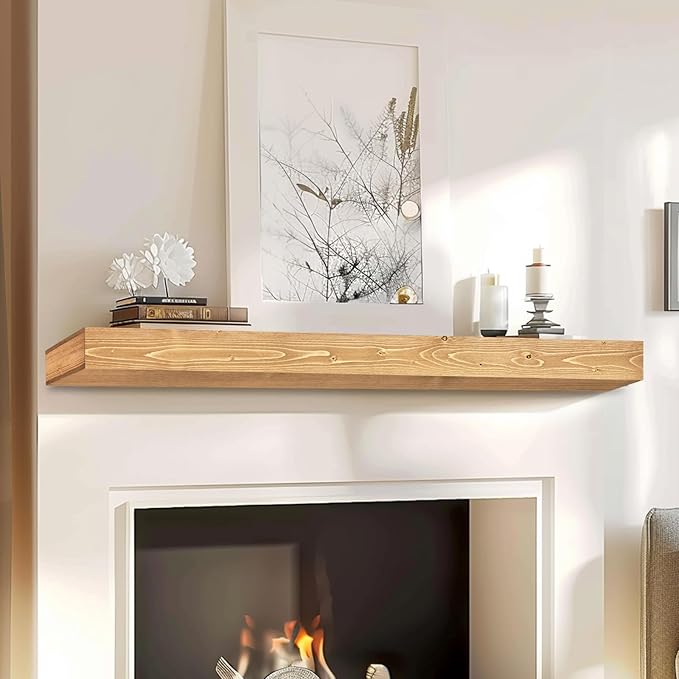 48x8x3 Fireplace Mantel - Handcrafted Hollow Rustic Solid Wood Wall Mounted Floating Shelf with Invisible Heavy Duty Wood Bracket (Natural Wood)