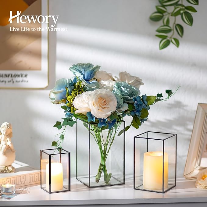 Glass Hurricane Candle Holder Large - Hewory 3pcs Black Rectangle Flower Holders Centerpiece for Table, Tall Floor Square Pillar Candle Lantern for Wedding, Anniversary, Party, Fireplace, Dining Room
