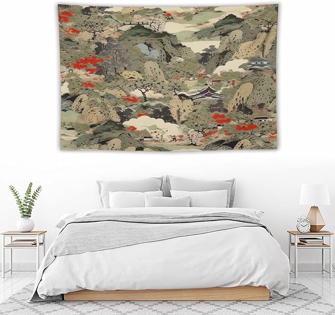 Asian Tapestry,Japanese Red Landscape Asian Watercolor Abstract Art Tapestry, Asian Japanese Wall Tapestry, Nature Landscape Tapestries for Bedroom Living Room Decor 60"x40"
